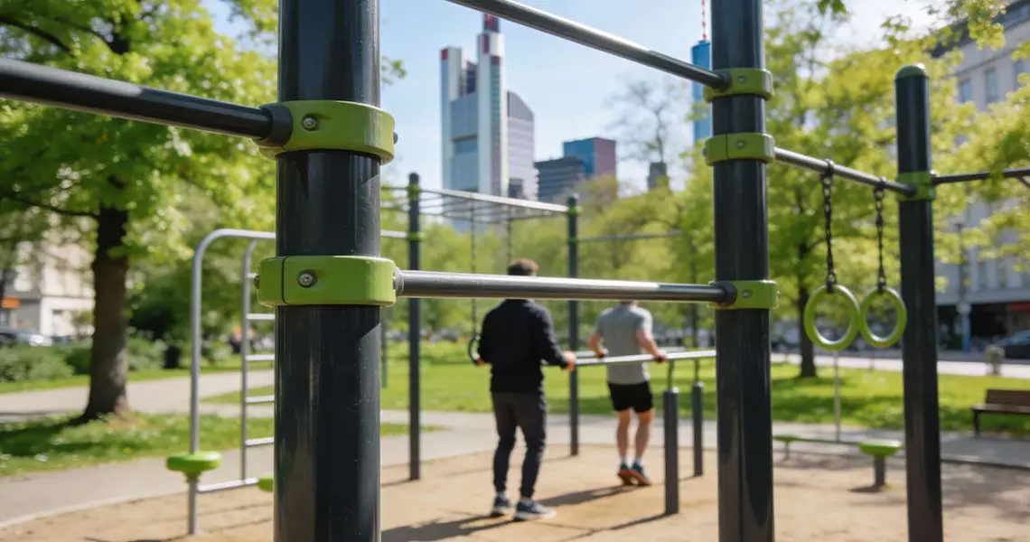 Outdoor Sportplätze Outdoor Sportplatz mit Calisthenics-Geräten vor der Frankfurter Skyline