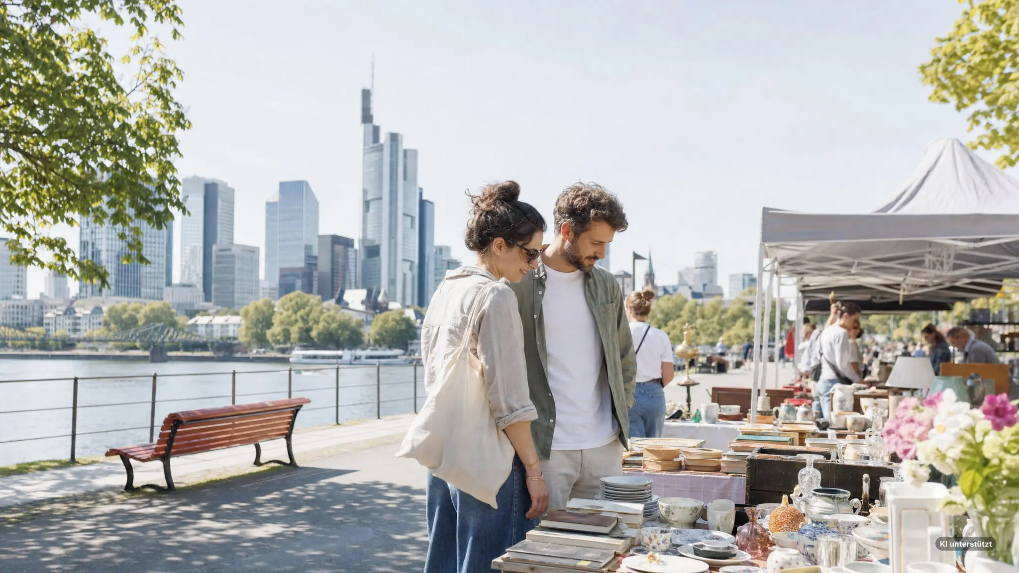 A couple in casual weekend clothes strolls past open-air flea market stalls along the Schaumainkai riverside promenade in Frankfurt, browsing trays of vintage crockery and old books while a canvas tote bag hangs from one shoulder, with the Main river and city skyline behind them.