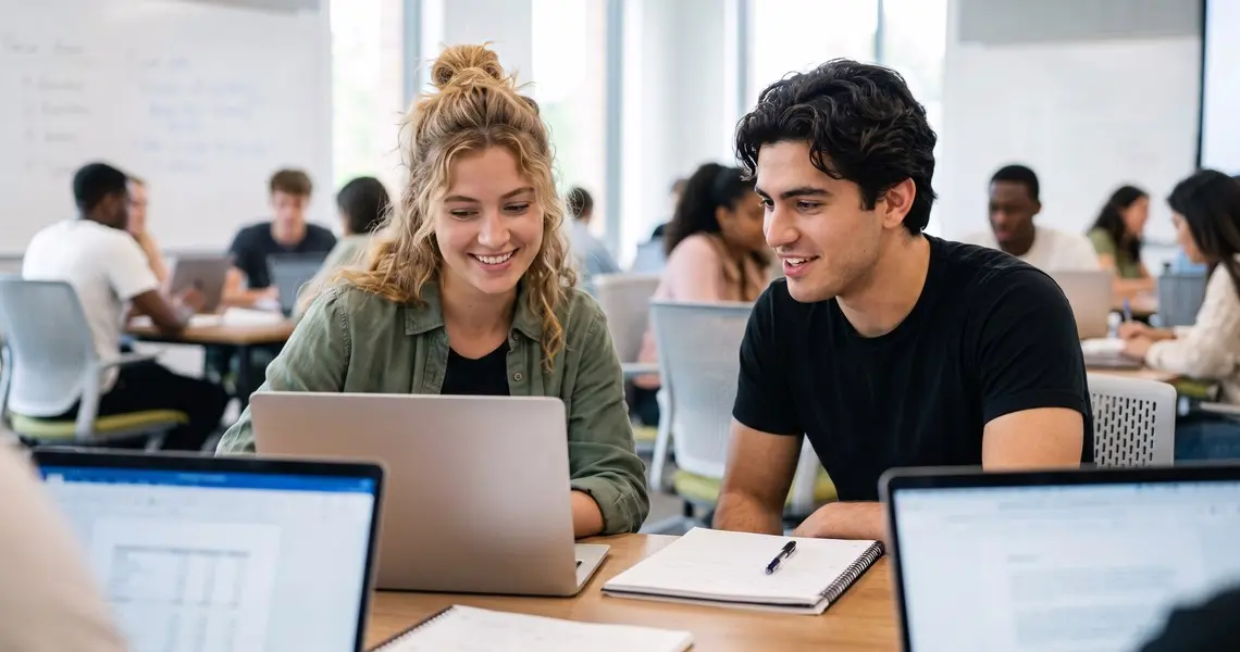 Zwei Studierende arbeiten gemeinsam mit Laptops in einem Seminarraum